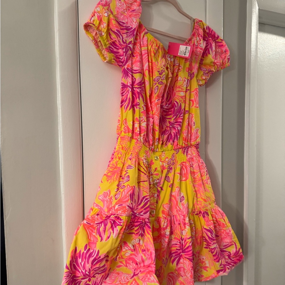 Lilly Pulitzer Jesiba Romper Calla Yellow Floral Coral Size Medium NWT.